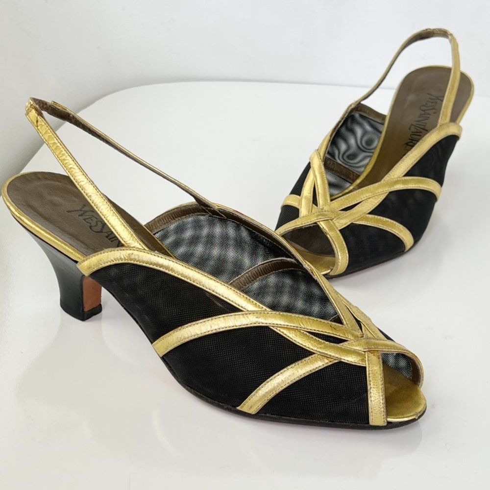 Yves Saint Laurent YSL Black Mesh Gold Slingback Pumps